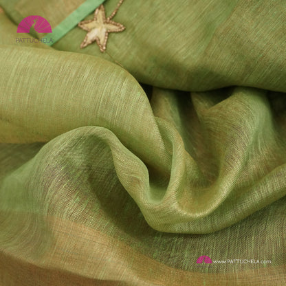 Organic Pastel Lime Green Tissue Linen Saree with Hand embroidery