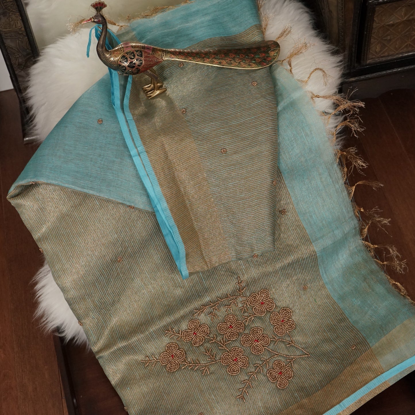 Organic Pastel Powder Blue Tissue Linen Saree with Hand Embroidery