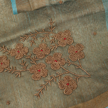 Organic Pastel Powder Blue Tissue Linen Saree with Hand Embroidery