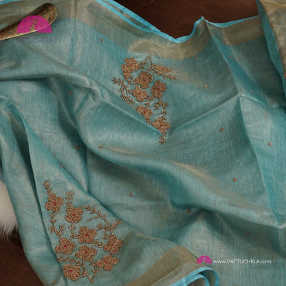 Organic Pastel Powder Blue Tissue Linen Saree with Hand Embroidery