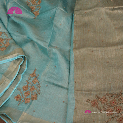 Organic Pastel Powder Blue Tissue Linen Saree with Hand Embroidery