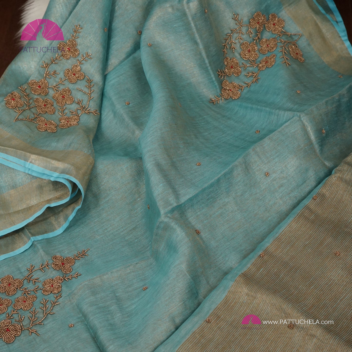 Organic Pastel Powder Blue Tissue Linen Saree with Hand Embroidery