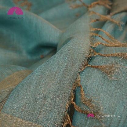 Organic Pastel Powder Blue Tissue Linen Saree with Hand Embroidery