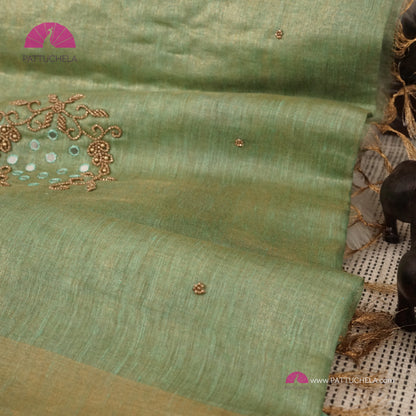 Organic Tissue Linen Saree in Pastel Green with Mirror Work and Hand Embroidery