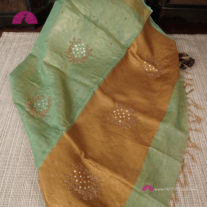 Organic Tissue Linen Saree in Pastel Green with Mirror Work and Hand Embroidery