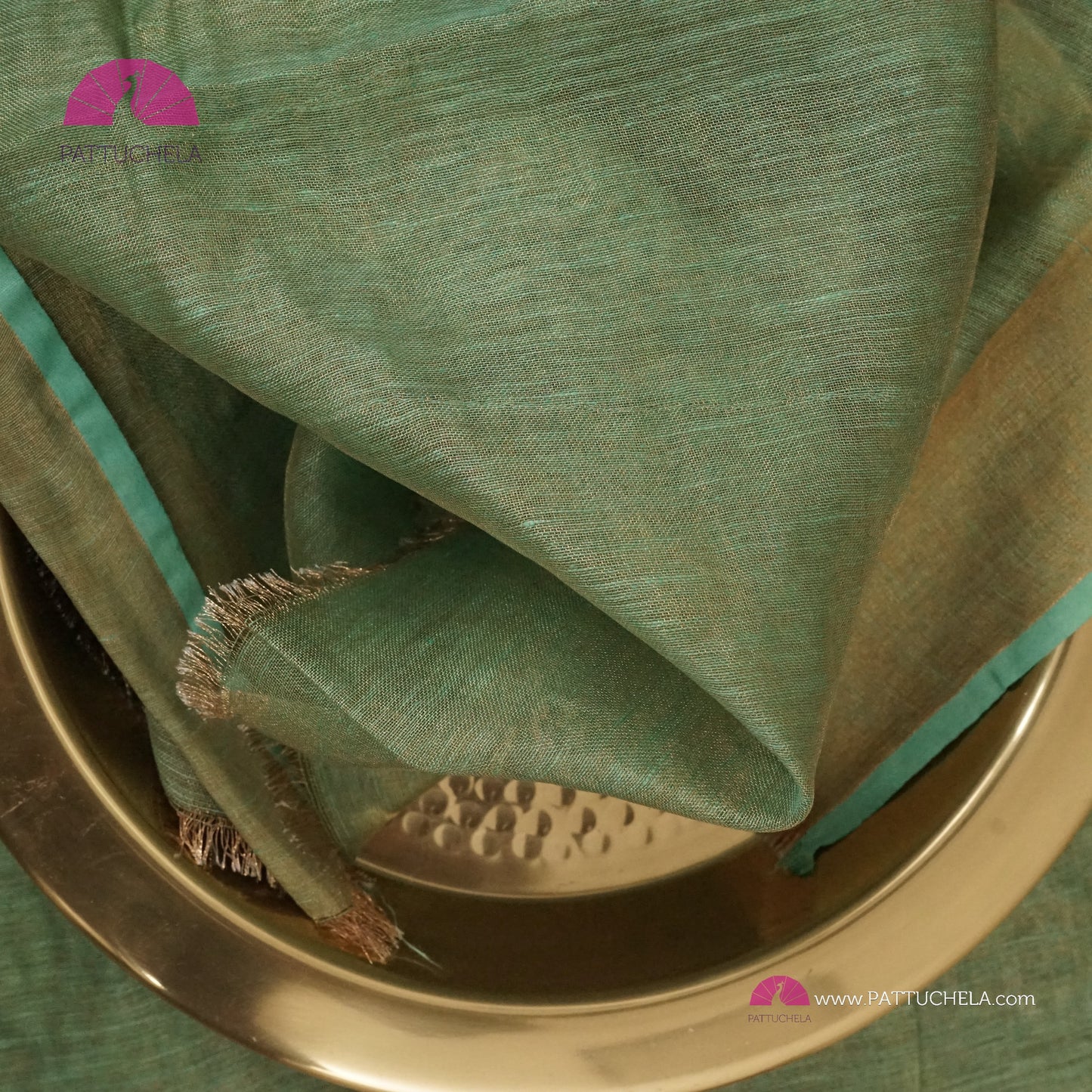 Organic Tissue Linen Saree in Pastel Green with Mirror Work and Hand Embroidery