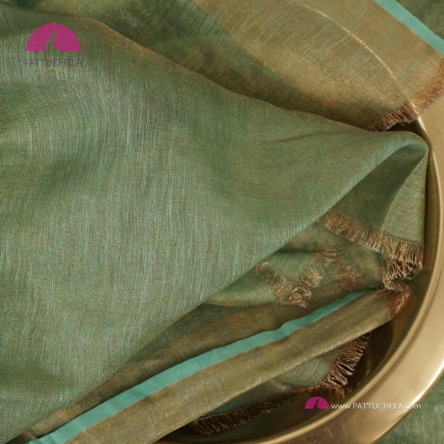 Organic Tissue Linen Saree in Pastel Green with Mirror Work and Hand Embroidery