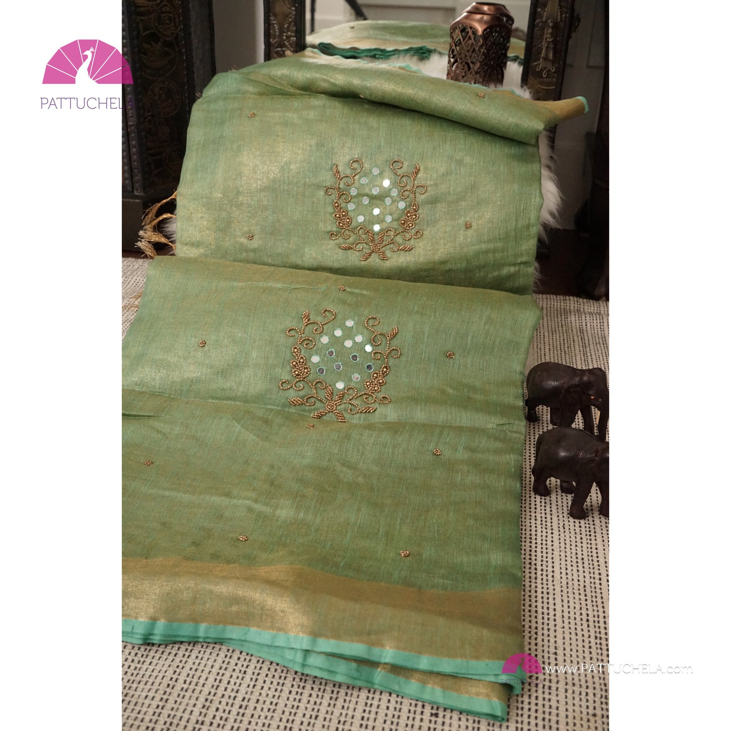 Organic Tissue Linen Saree in Pastel Green with Mirror Work and Hand Embroidery