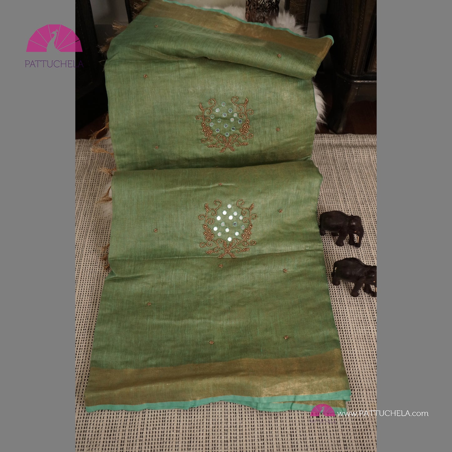 Organic Tissue Linen Saree in Pastel Green with Mirror Work and Hand Embroidery