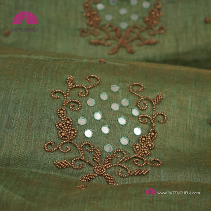 Organic Tissue Linen Saree in Pastel Green with Mirror Work and Hand Embroidery