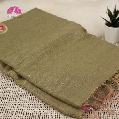 Sage Green Organic Linen Saree with Embroidered Borders