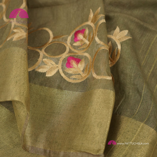 Sage Green Organic Linen Saree with Embroidered Borders