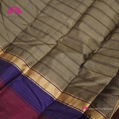 Simple Pure Kanchipuram Silk Saree in Grey with contrast multi color Border | Striped body Pattern | Kanjivaram Silks