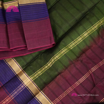 Simple Pure Kanchipuram Silk Saree in Green with contrast multi color Border | Striped body Pattern | Kanjivaram Silks