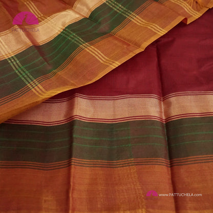 Simple Pure Kanchipuram Silk Saree in Maroon with contrast multi color Border | Striped body Pattern | Kanjivaram Silks