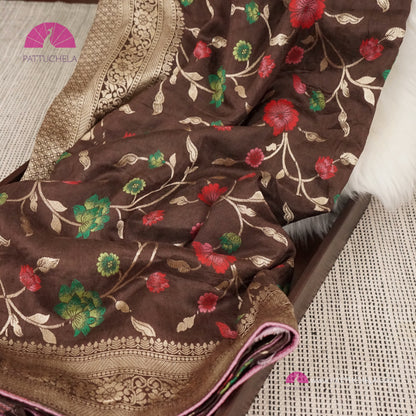 Coffee Brown Banarasi Munga Handwoven Soft Silk Saree with Meenakari Jaal weaves