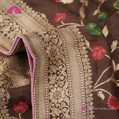 Coffee Brown Banarasi Munga Handwoven Soft Silk Saree with Meenakari Jaal weaves