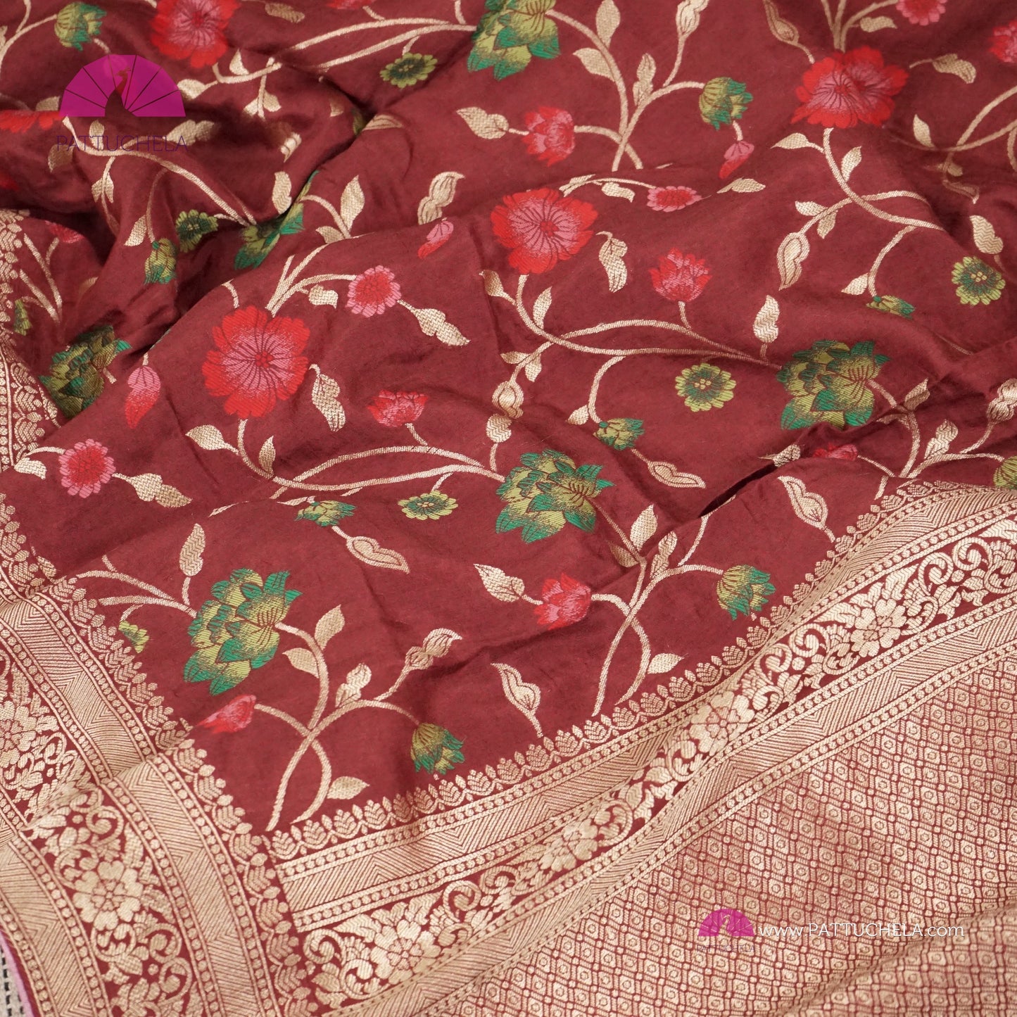 Maroon Banarasi Munga Handwoven Soft Silk Sareewith Meenakari Jaal weaves