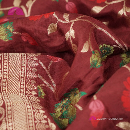 Maroon Banarasi Munga Handwoven Soft Silk Sareewith Meenakari Jaal weaves
