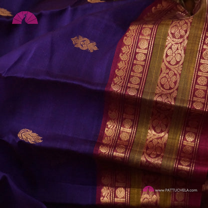 Indigo Blue Pure Gadwal Sico Sarees with Zari woven Plum Purple Border and Pallu | Wedding Saree | Gadwal Silk