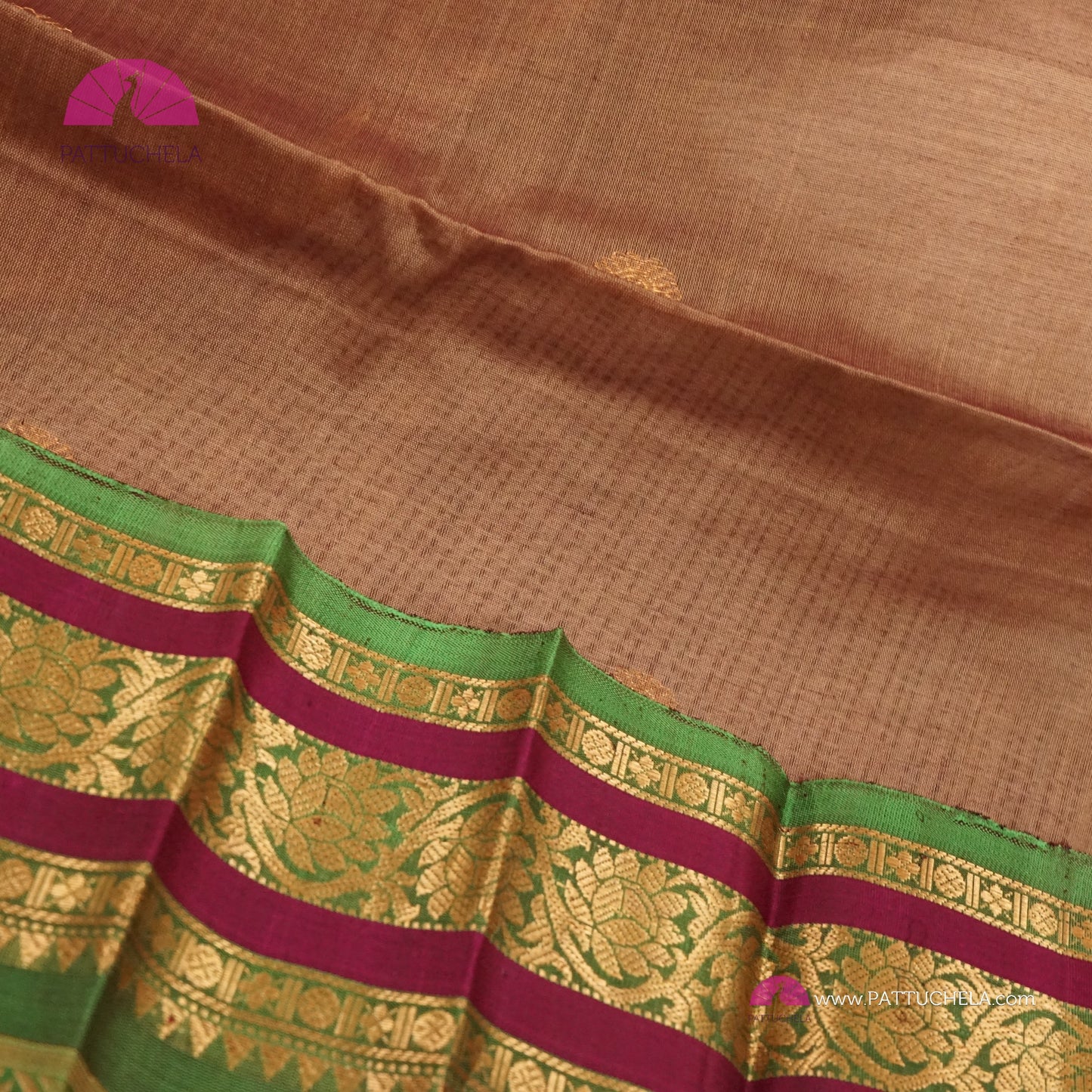 Tan Brown Pure Gadwal Sico Sarees with Zari woven Green Border and Pallu | Wedding Saree | Gadwal Silk