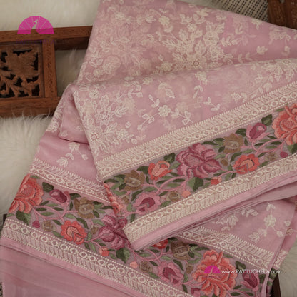 Pastel Pink Pure Organza Silk Chikankari Saree with Resham Embroidery Border