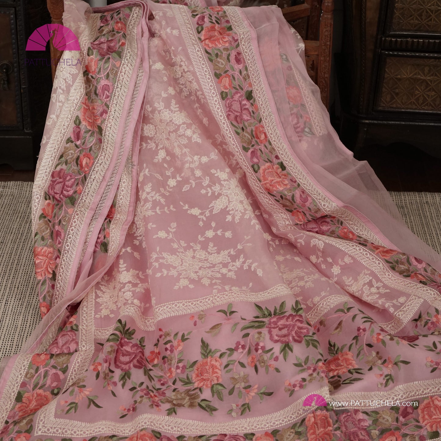 Pastel Pink Pure Organza Silk Chikankari Saree with Resham Embroidery Border