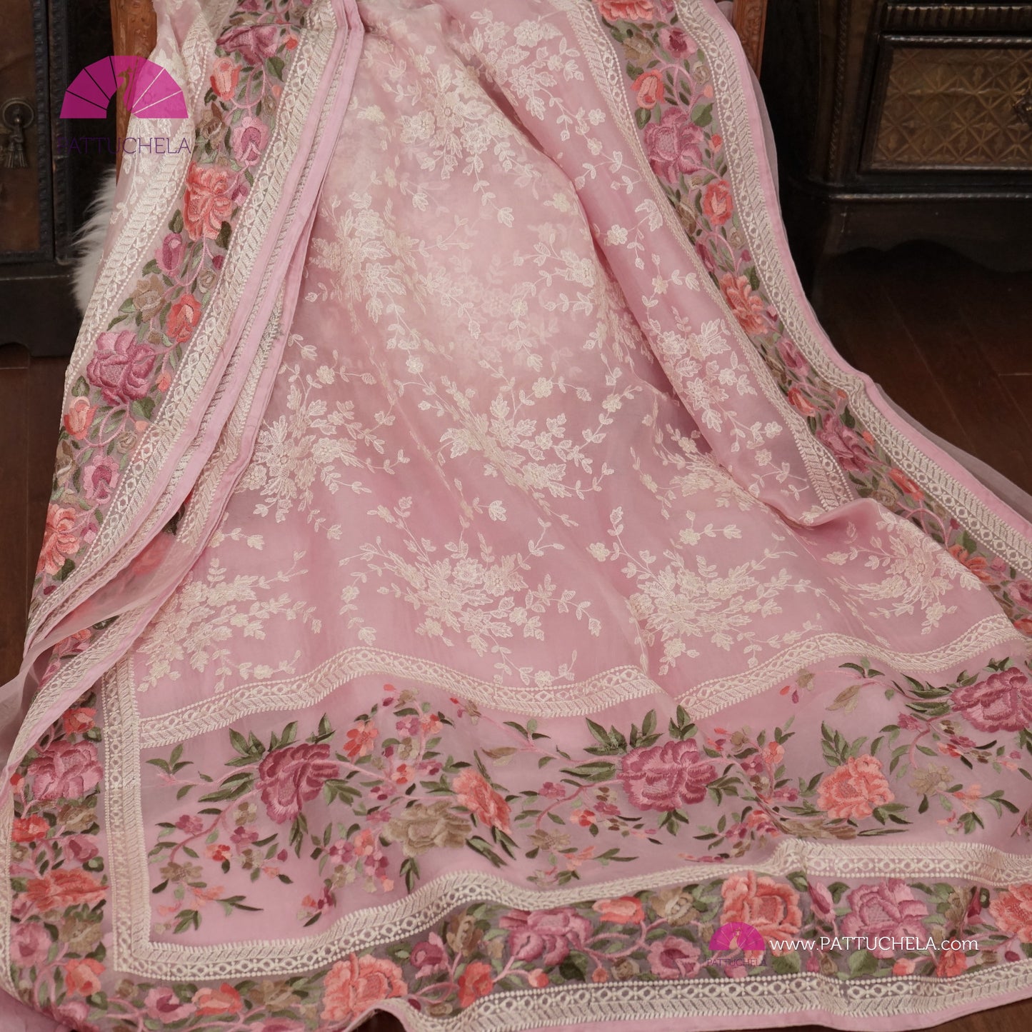 Pastel Pink Pure Organza Silk Chikankari Saree with Resham Embroidery Border