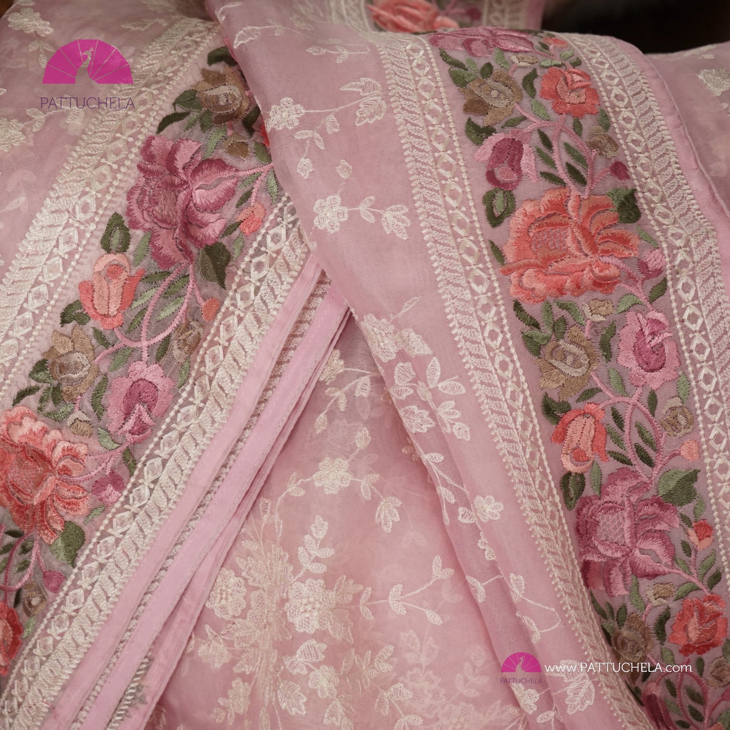 Pastel Pink Pure Organza Silk Chikankari Saree with Resham Embroidery Border