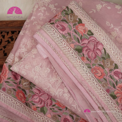 Pastel Pink Pure Organza Silk Chikankari Saree with Resham Embroidery Border