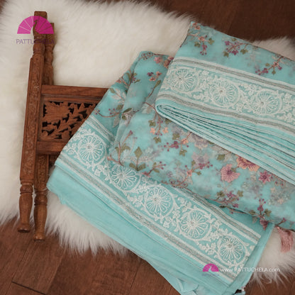 Pastel Ice Blue Pure Organza Silk Saree with Resham Embroidery & Chikankari Border