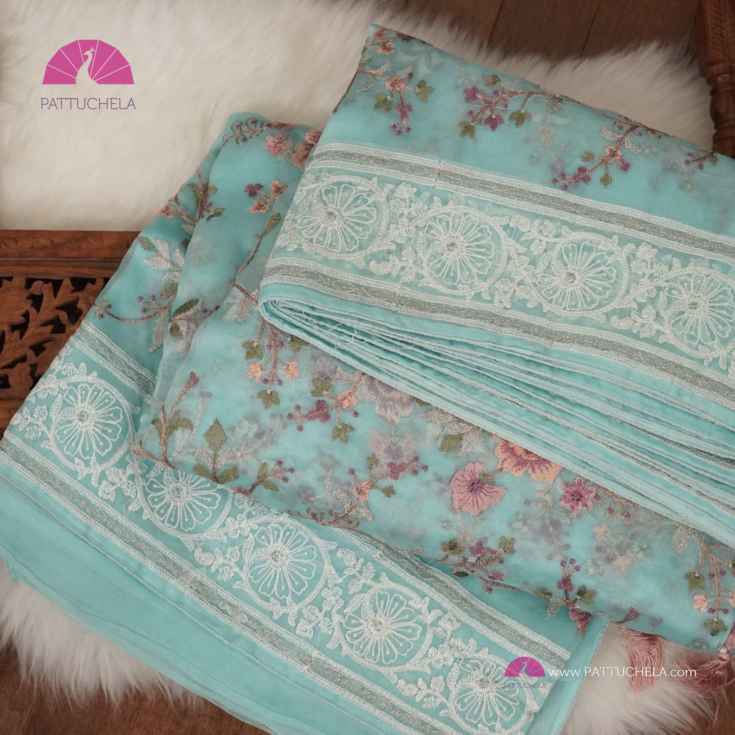 Pastel Ice Blue Pure Organza Silk Saree with Resham Embroidery & Chikankari Border