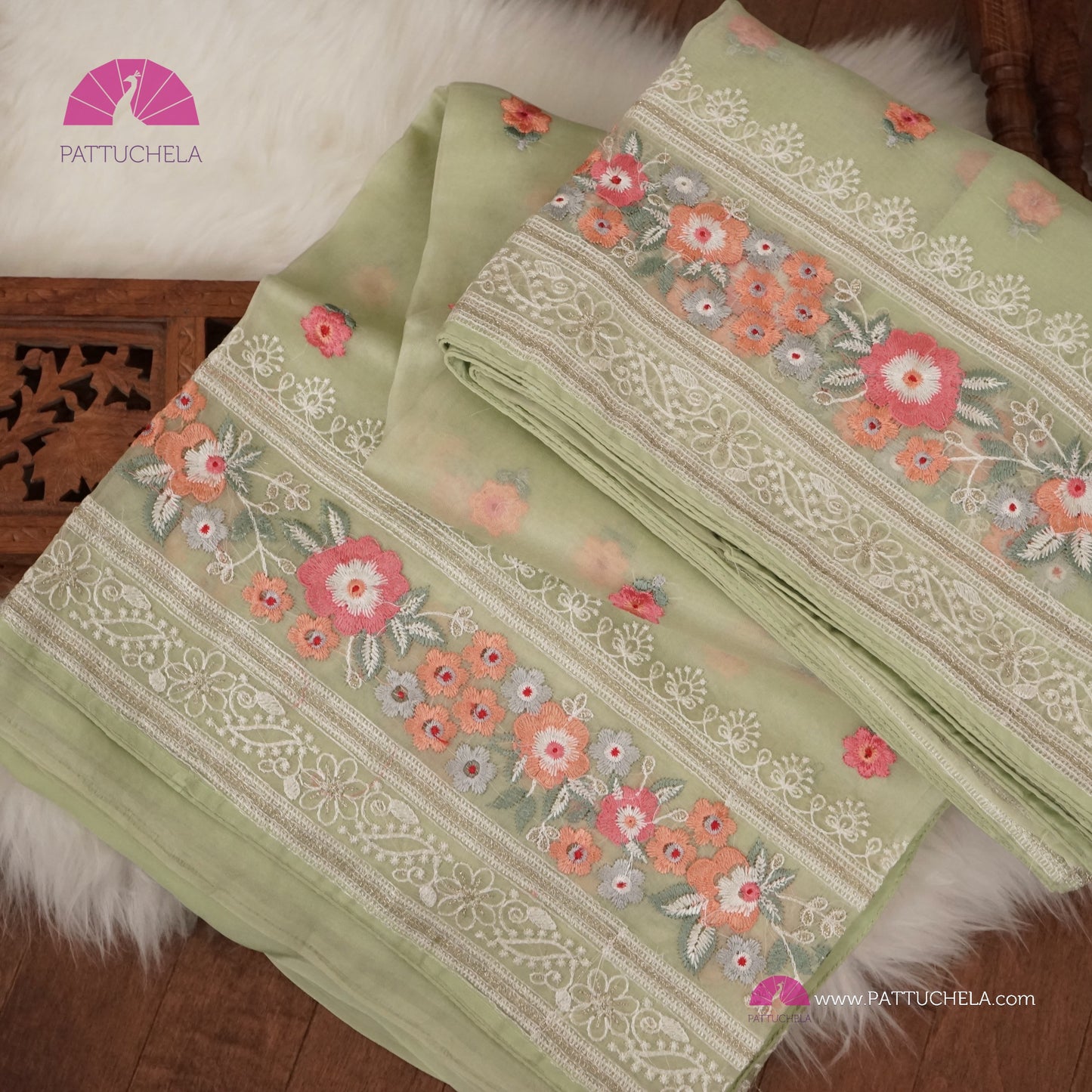 Pastel Pistachio Green Pure Organza Silk Saree with Resham Embroidery & Chikankari Border