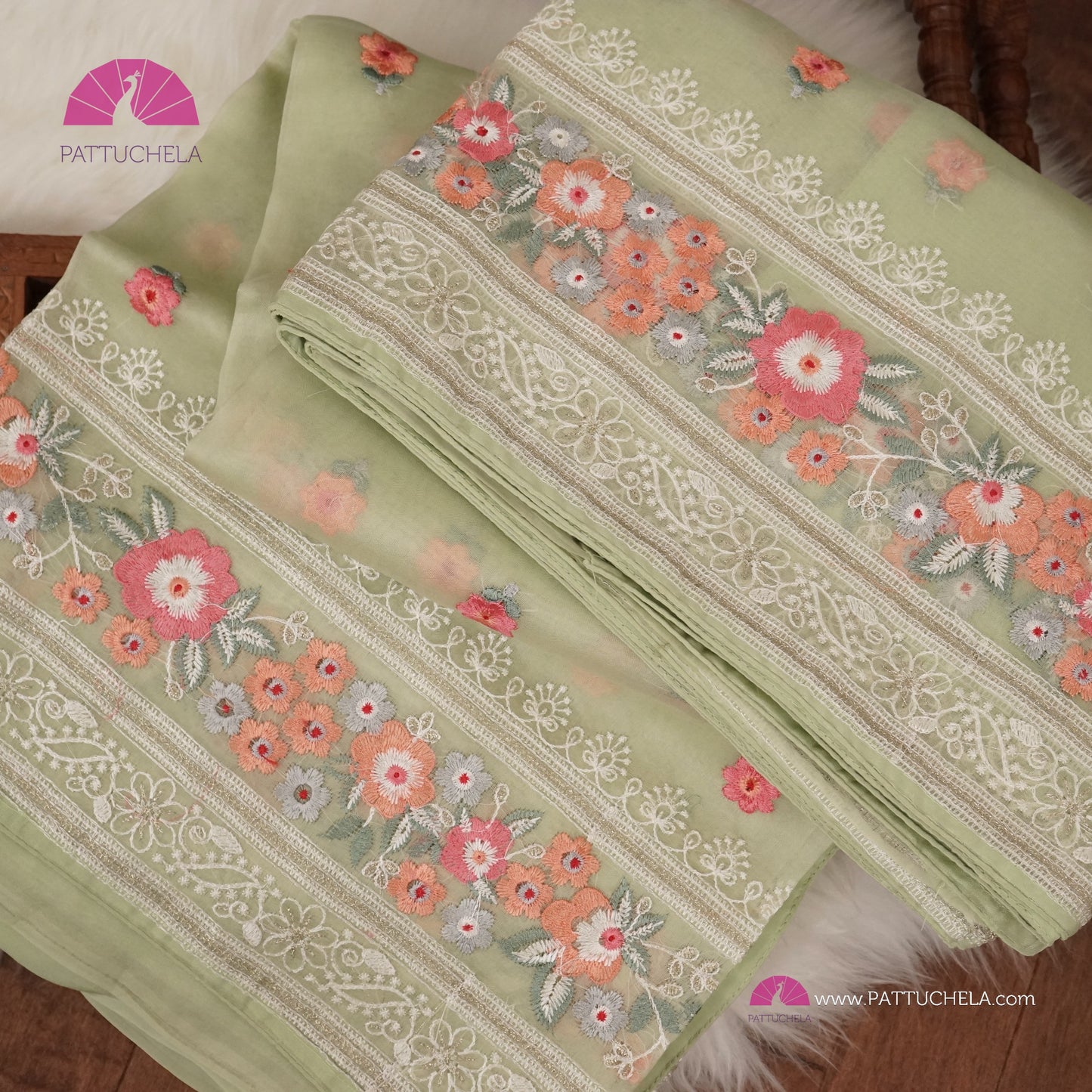 Pastel Pistachio Green Pure Organza Silk Saree with Resham Embroidery & Chikankari Border