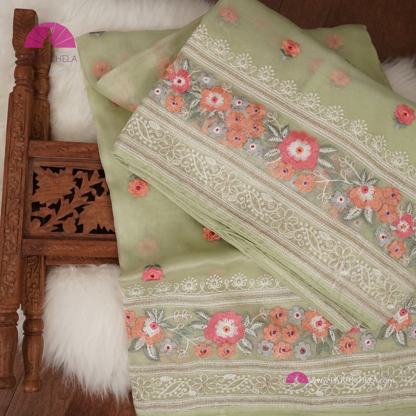 Pastel Pistachio Green Pure Organza Silk Saree with Resham Embroidery & Chikankari Border