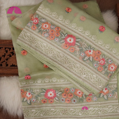 Pastel Pistachio Green Pure Organza Silk Saree with Resham Embroidery & Chikankari Border