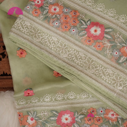 Pastel Pistachio Green Pure Organza Silk Saree with Resham Embroidery & Chikankari Border