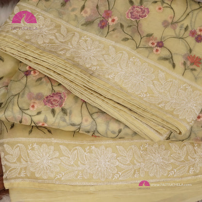 Pastel Lemon Yellow Pure Organza Silk Saree with Resham Embroidery & Chikankari Border