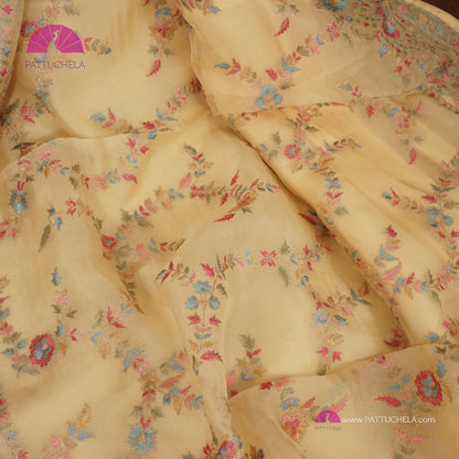 Pastel Pineapple Yellow Organza Silk Saree with Resham Embroidery