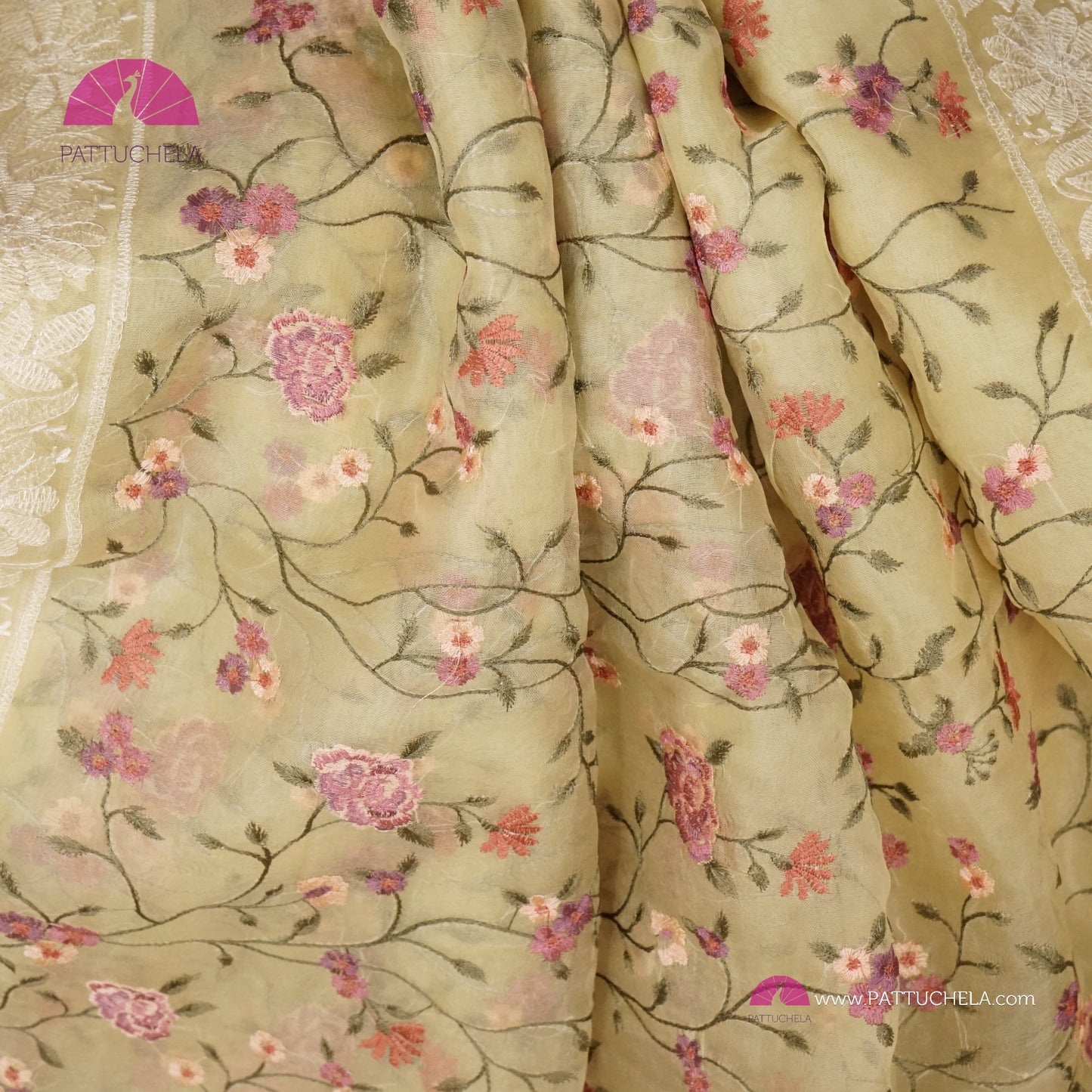 Pastel Lemon Yellow Pure Organza Silk Saree with Resham Embroidery & Chikankari Border