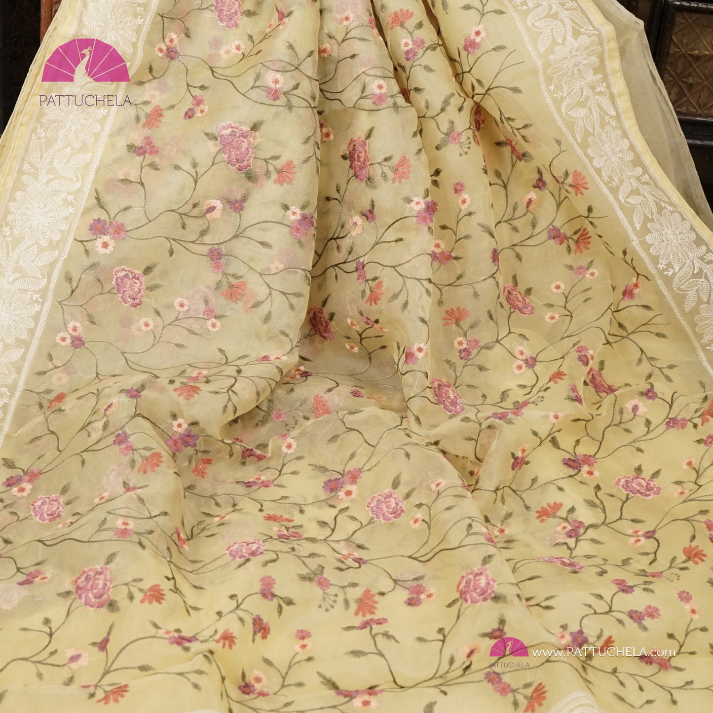 Pastel Lemon Yellow Pure Organza Silk Saree with Resham Embroidery & Chikankari Border