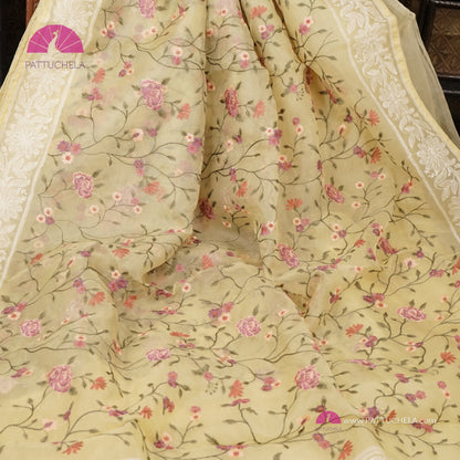 Pastel Lemon Yellow Pure Organza Silk Saree with Resham Embroidery & Chikankari Border