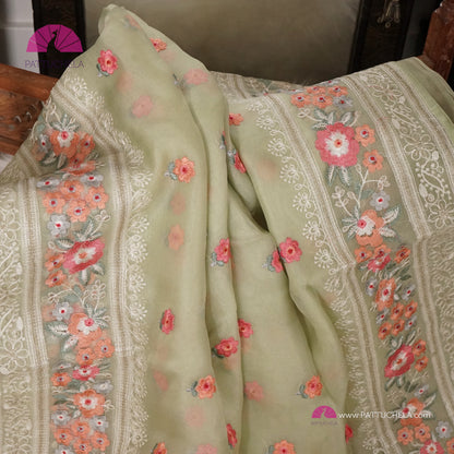 Pastel Pistachio Green Pure Organza Silk Saree with Resham Embroidery & Chikankari Border