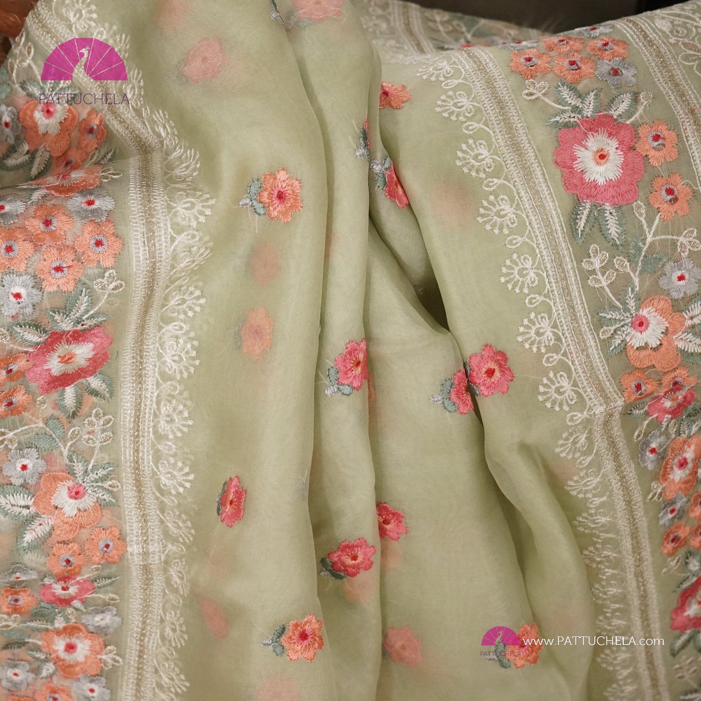 Pastel Pistachio Green Pure Organza Silk Saree with Resham Embroidery & Chikankari Border