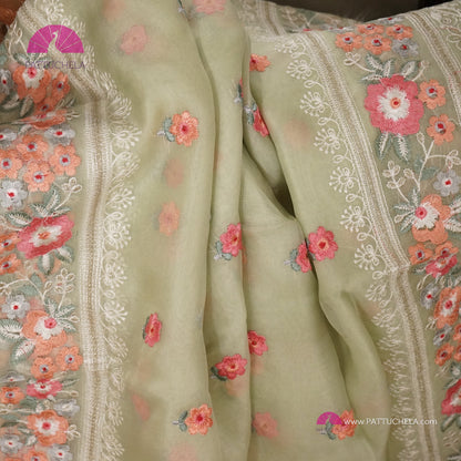 Pastel Pistachio Green Pure Organza Silk Saree with Resham Embroidery & Chikankari Border