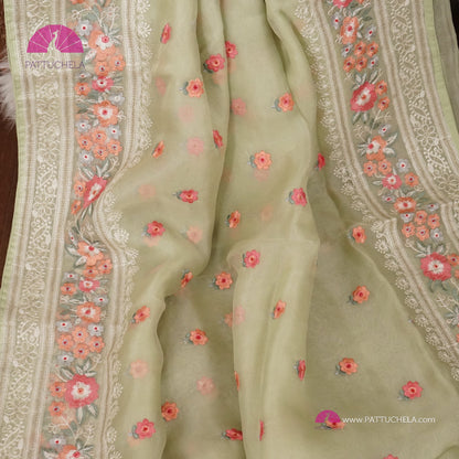 Pastel Pistachio Green Pure Organza Silk Saree with Resham Embroidery & Chikankari Border