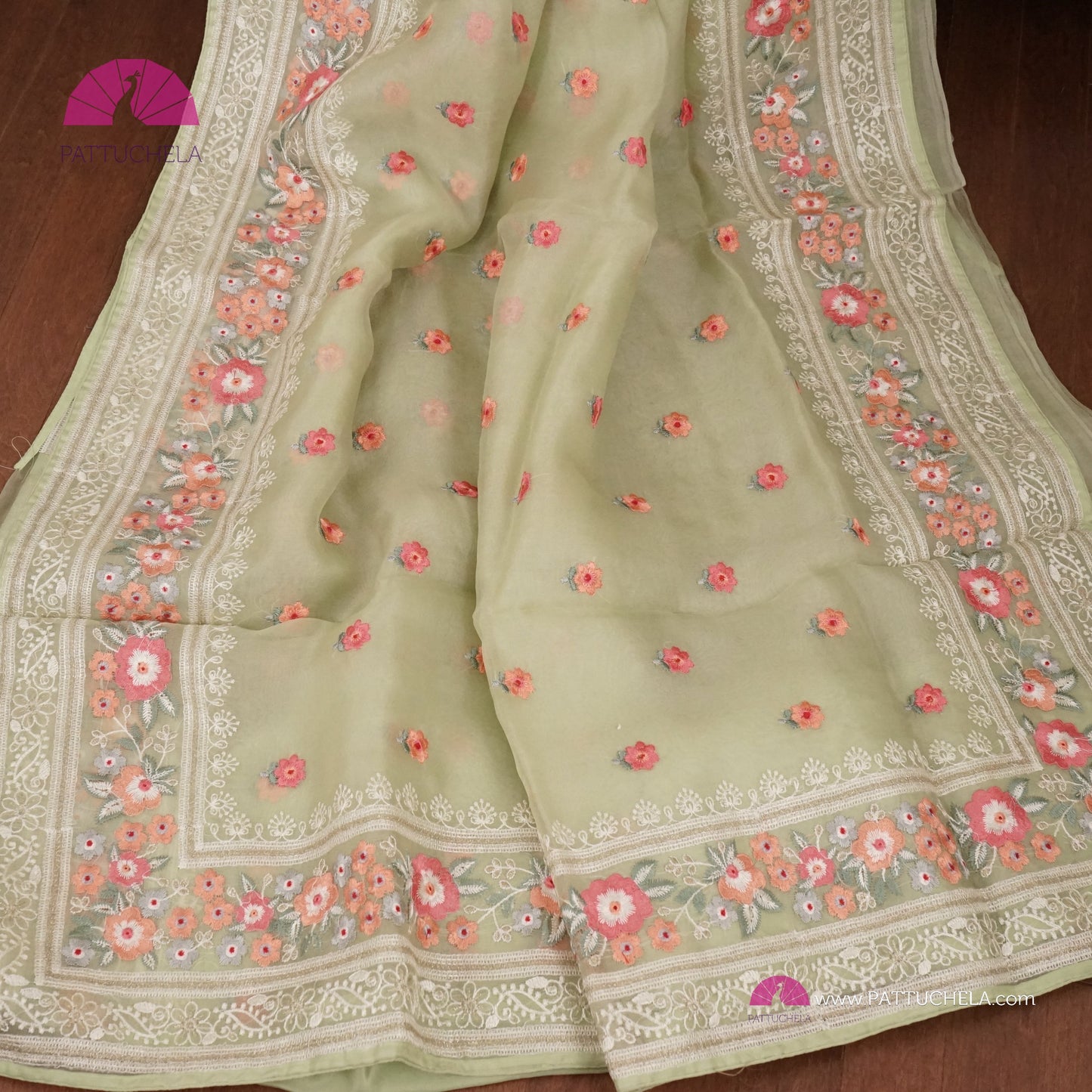 Pastel Pistachio Green Pure Organza Silk Saree with Resham Embroidery & Chikankari Border