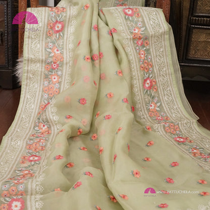 Pastel Pistachio Green Pure Organza Silk Saree with Resham Embroidery & Chikankari Border