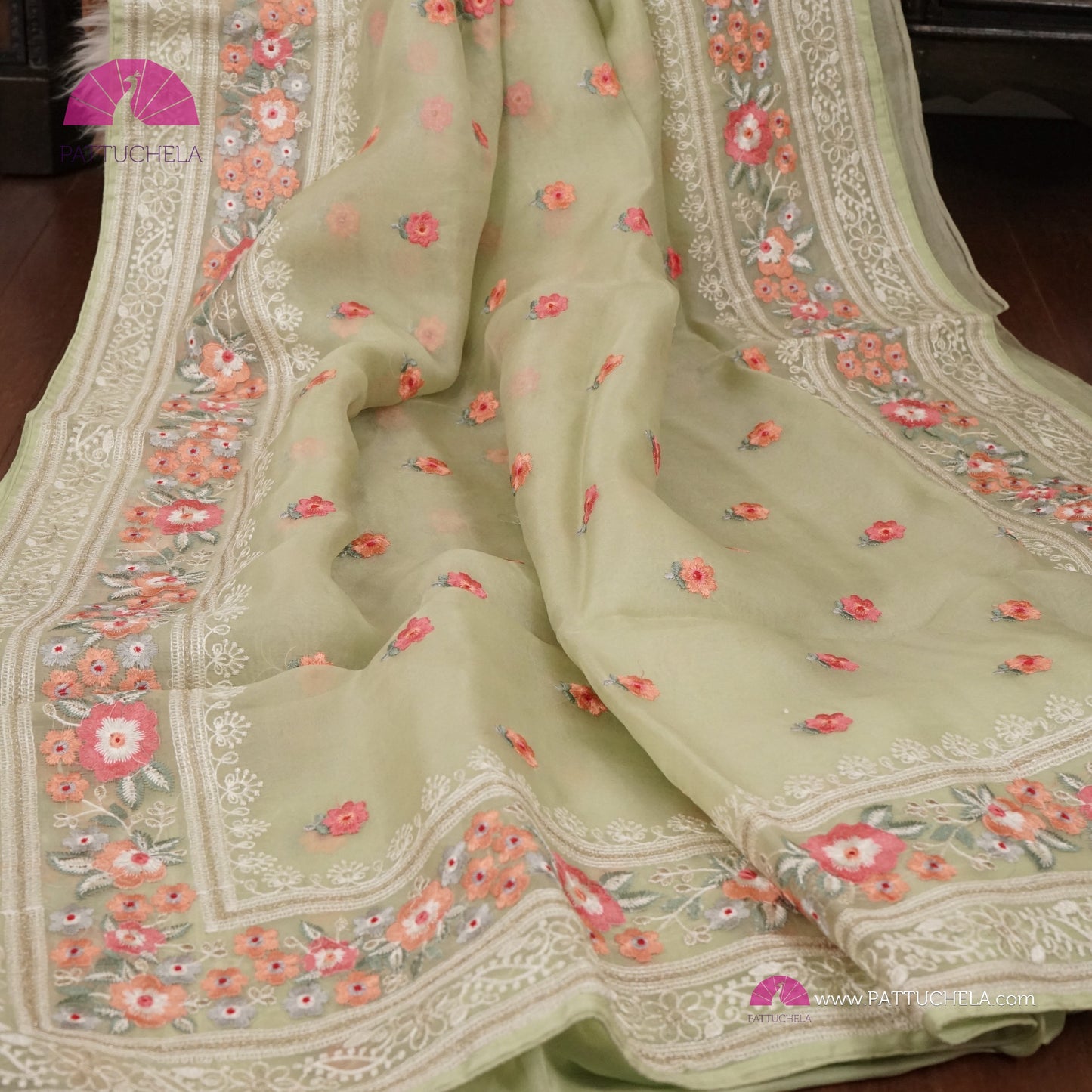 Pastel Pistachio Green Pure Organza Silk Saree with Resham Embroidery & Chikankari Border