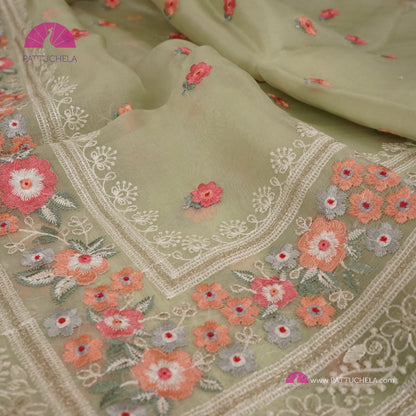 Pastel Pistachio Green Pure Organza Silk Saree with Resham Embroidery & Chikankari Border